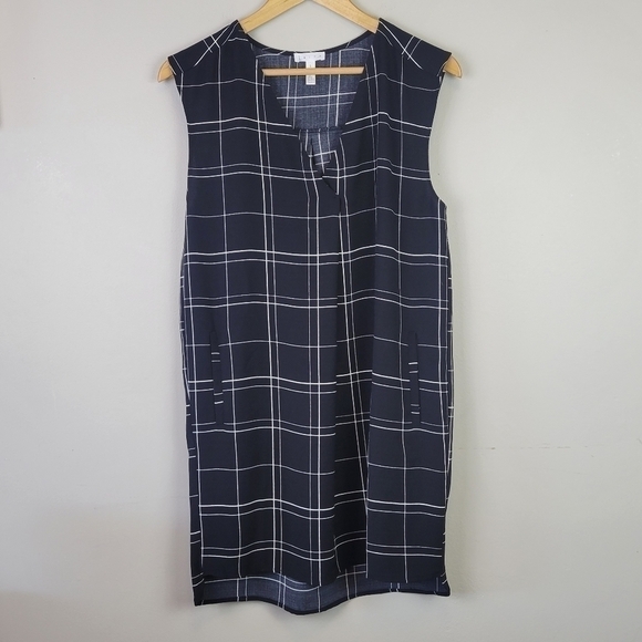 Leith Everyday Shift Dress Window Pane Plaid Pockets Sleeveless Black White S - Picture 10 of 10